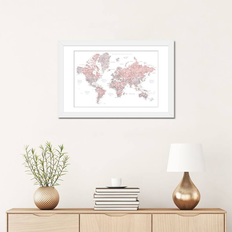 iCanvas "Labels In Spanish Dusty Pink And Grey World Map" by blursbyai